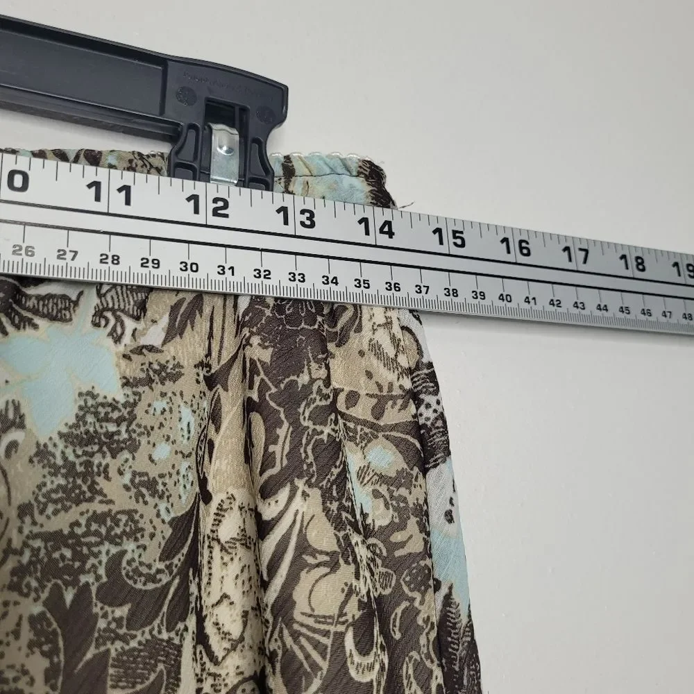 Notations blue brown grunge abstract floral print pull on a line knee skirt Med